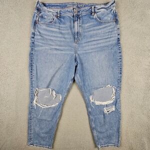 American Eagle Mom Jeans 20 Regular Light Blue Distressed High Rise Stretch